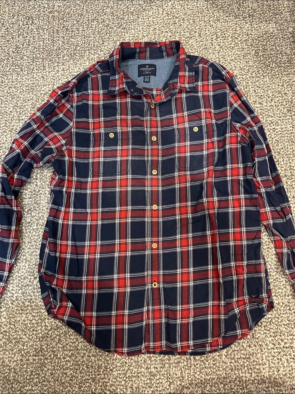 American Eagle Outfitters Red and Navy Plaid Button-Down Shirt